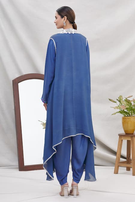 Shop Ekta Singh Blue Georgette Round Asymmetric Cape And Dhoti Pant Set at Aza Fashions Shop_Ekta Singh_Blue Georgette Round Asymmetric Cape And Dhoti Pant Set _at_Aza_Fashions