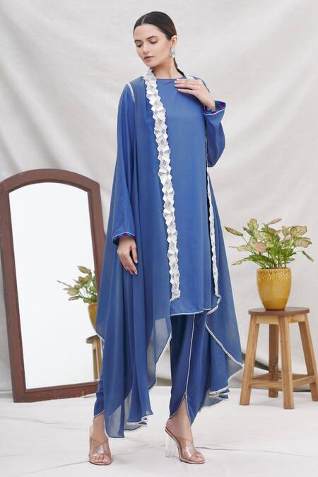 Ekta Singh Blue Georgette Round Asymmetric Cape And Dhoti Pant Set Online at Aza Fashions Ekta Singh_Blue Georgette Round Asymmetric Cape And Dhoti Pant Set _Online_at_Aza_Fashions