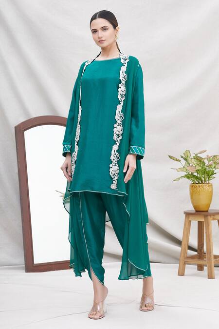 Buy_Ekta Singh_Green Georgette, Modal Round Asymmetric Cape And Dhoti Pant Set _Online_at_Aza_Fashions