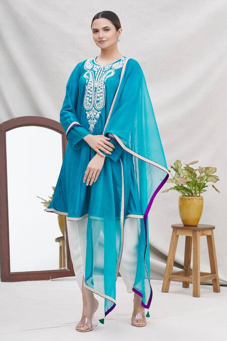 Buy_Ekta Singh_Blue Silk Round Kurta And Dhoti Pant Set _Online_at_Aza_Fashions