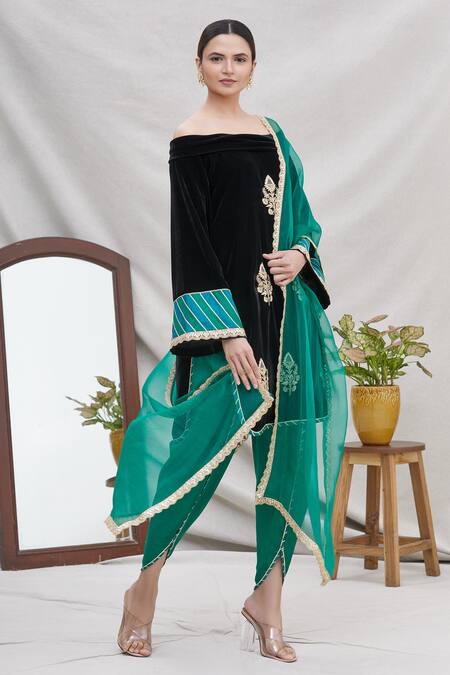 Ekta Singh_Black Silk, Velvet Kurta And Dhoti Pant Set _Online_at_Aza_Fashions