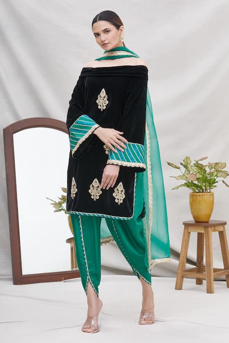 Buy_Ekta Singh_Black Silk, Velvet Kurta And Dhoti Pant Set _Online_at_Aza_Fashions