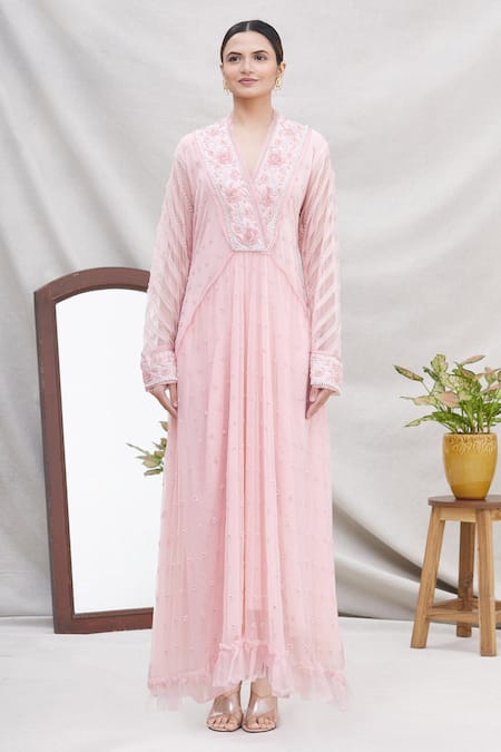 Shop_Ekta Singh_Pink Net V Neck Flared Kurta With Dupatta _Online_at_Aza_Fashions