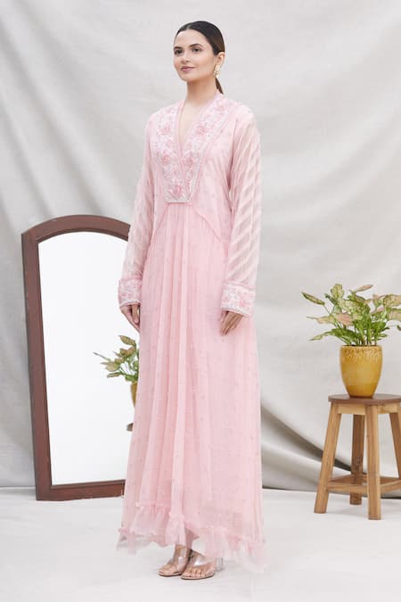Buy_Ekta Singh_Pink Net V Neck Flared Kurta With Dupatta _Online_at_Aza_Fashions