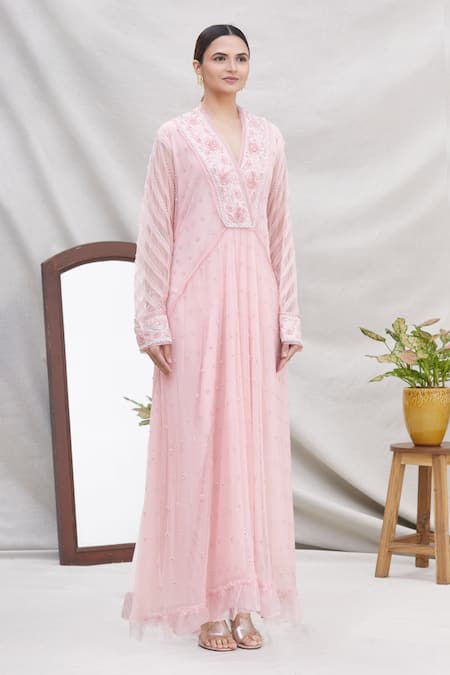 Ekta Singh_Pink Net V Neck Flared Kurta With Dupatta _Online_at_Aza_Fashions