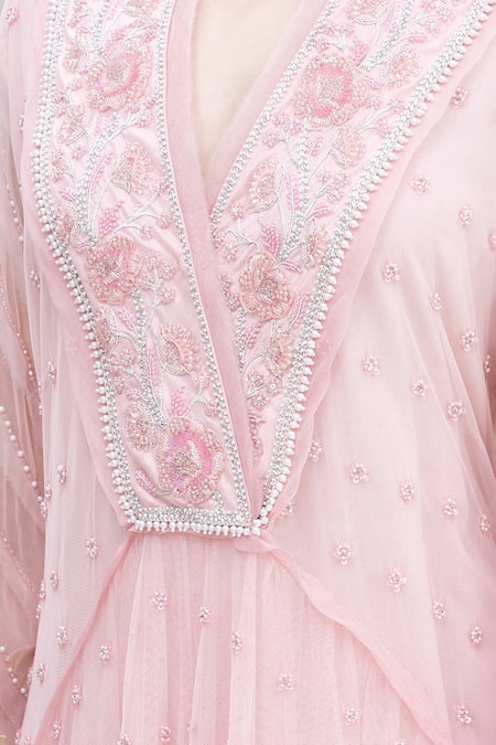 Ekta Singh_Pink Net V Neck Flared Kurta With Dupatta _at_Aza_Fashions