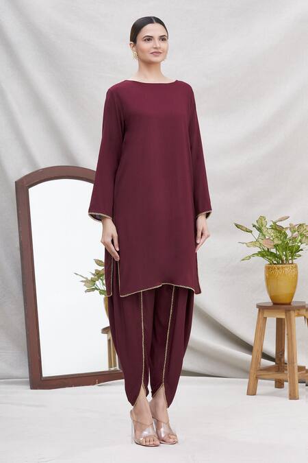 Ekta Singh_Maroon Georgette Round Asymmetric Cape And Dhoti Pant Set _Online_at_Aza_Fashions