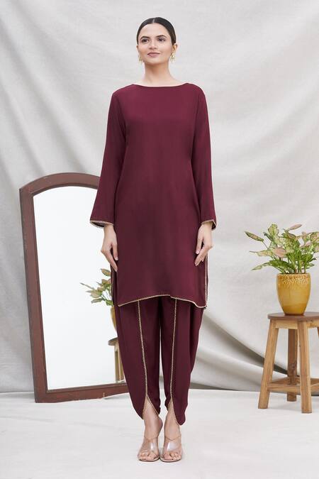 Buy_Ekta Singh_Maroon Georgette Round Asymmetric Cape And Dhoti Pant Set _Online_at_Aza_Fashions