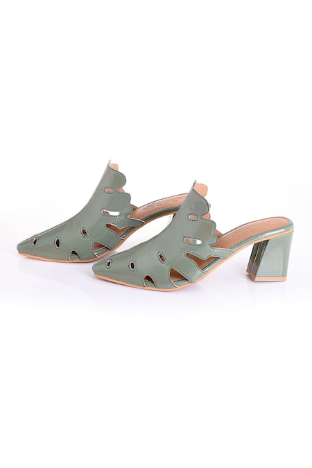 Sole House Green Block Heel Pointed Toe Mules Online at Aza Fashions Sole House_Green Block Heel Pointed Toe Mules_Online_at_Aza_Fashions