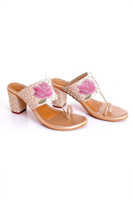 SOLE HOUSE Vegan Leather Floral Embroidered Block Heels 