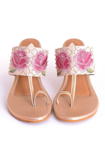 Sole House Vegan Leather Floral Embroidered Block Heels 