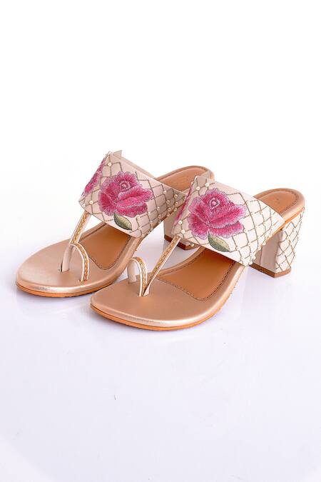 Sole House_Beige Embroidery, Pearls, Zari Vegan Leather Floral Block Heels _Online_at_Aza_Fashions