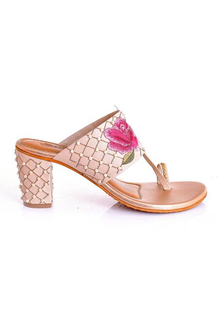 Shop_Sole House_Beige Embroidery, Pearls, Zari Vegan Leather Floral Block Heels _Online_at_Aza_Fashions