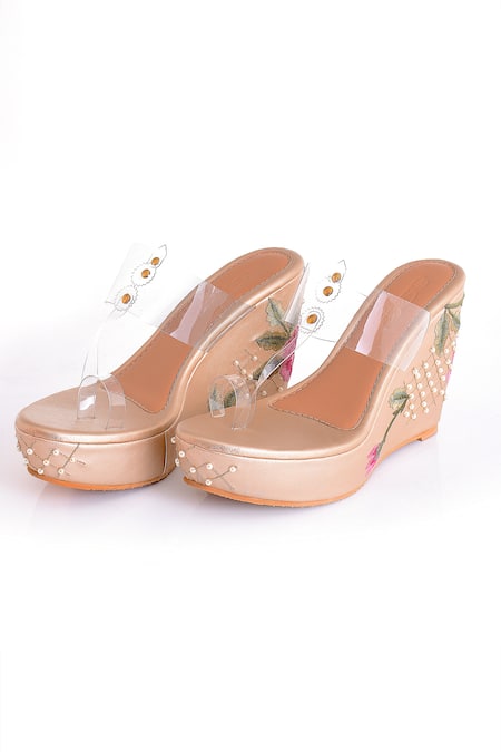Buy_Sole House_Gold Pearls, Zari Vegan Leather Clear Strap Kolhapuri Wedges _Online_at_Aza_Fashions
