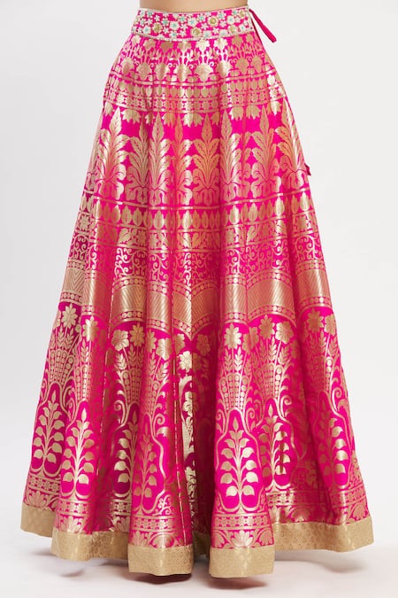 Shop_Neha Khullar_Pink Banarasi Silk V Neck Bridal Lehenga Set _Online_at_Aza_Fashions