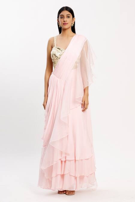 Buy Neha Khullar Peach Chiffon Organza V Neck Ruffle Pre-draped Saree Online at Aza Fashions Buy_Neha Khullar_Peach Chiffon Organza V Neck Ruffle Pre-draped Saree _Online_at_Aza_Fashions