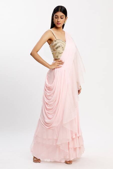 Neha Khullar Peach Chiffon Organza V Neck Ruffle Pre-draped Saree Online at Aza Fashions Neha Khullar_Peach Chiffon Organza V Neck Ruffle Pre-draped Saree _Online_at_Aza_Fashions