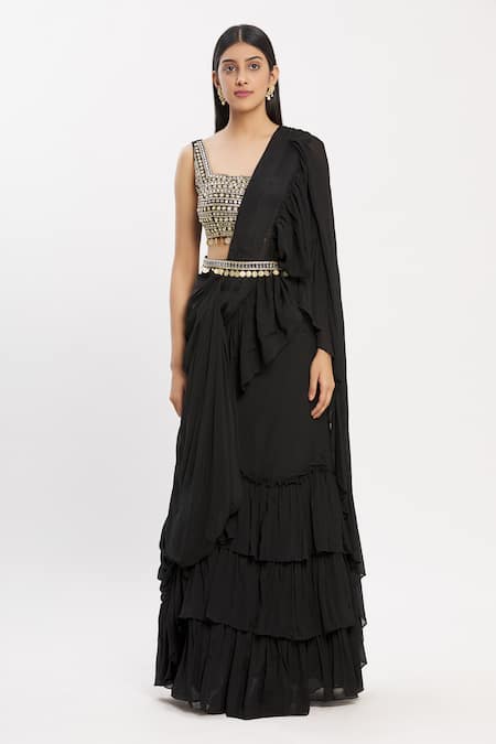 Buy_Neha Khullar_Black Chiffon Square Neck Ruffle Pre-draped Saree _Online_at_Aza_Fashions