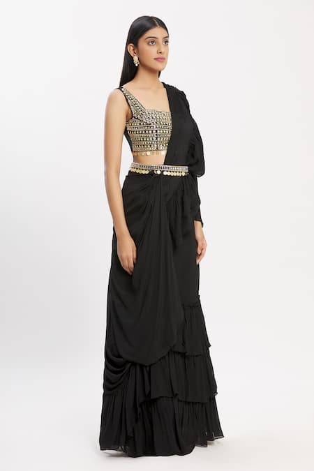 Neha Khullar_Black Chiffon Square Neck Ruffle Pre-draped Saree _Online_at_Aza_Fashions