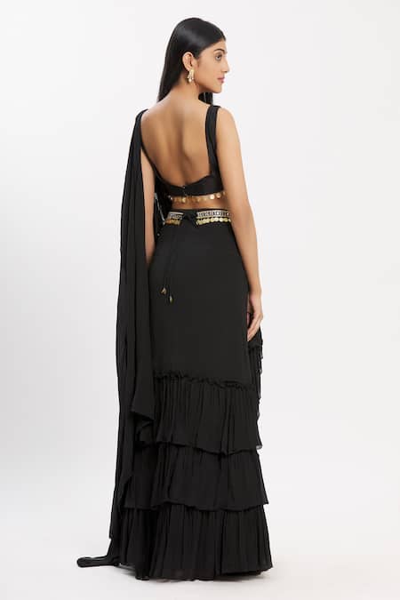 Shop_Neha Khullar_Black Chiffon Square Neck Ruffle Pre-draped Saree _at_Aza_Fashions
