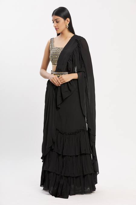 Shop_Neha Khullar_Black Chiffon Square Neck Ruffle Pre-draped Saree _Online_at_Aza_Fashions