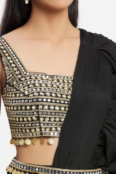 Neha Khullar_Black Chiffon Square Neck Ruffle Pre-draped Saree _at_Aza_Fashions