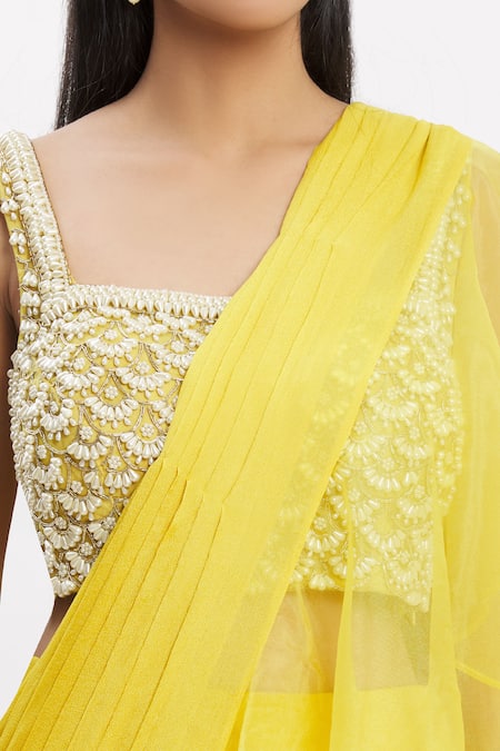 Neha Khullar_Yellow Chiffon Organza Square Neck Ruffle Pre-draped Saree  _at_Aza_Fashions