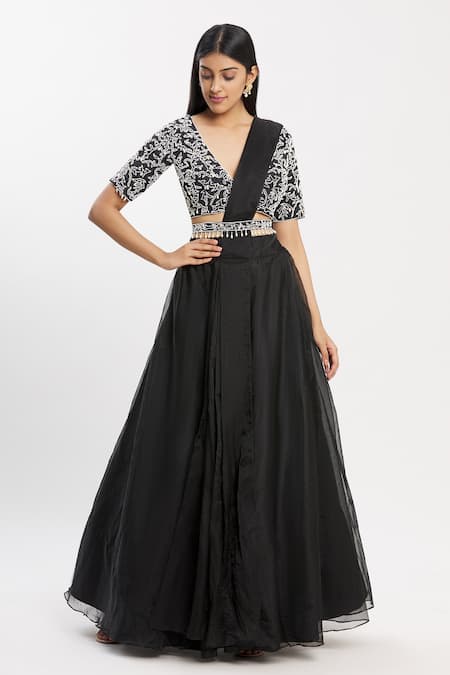 Neha Khullar Black Organza V Neck Lehenga Set 