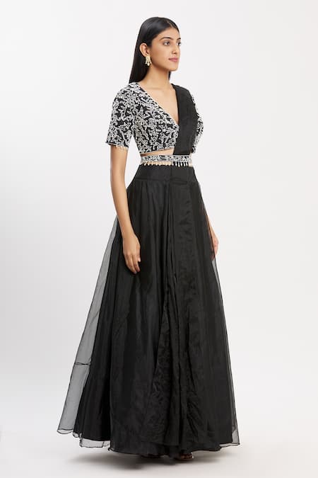 Neha Khullar_Black Organza V Neck Lehenga Set _Online_at_Aza_Fashions
