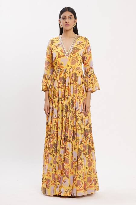 Shop_Neha Khullar_Yellow Chiffon V Neck Printed Anarkali With Dupatta _Online_at_Aza_Fashions