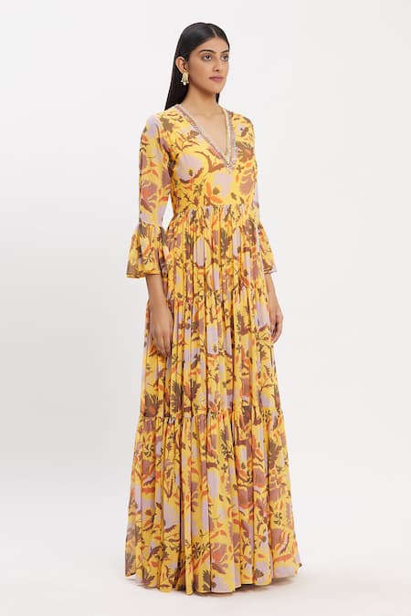 Neha Khullar_Yellow Chiffon V Neck Printed Anarkali With Dupatta _Online_at_Aza_Fashions