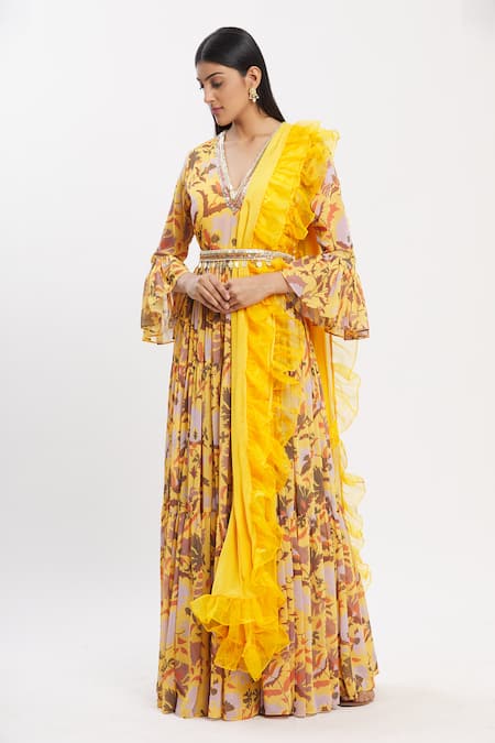 Buy_Neha Khullar_Yellow Chiffon V Neck Printed Anarkali With Dupatta _Online_at_Aza_Fashions