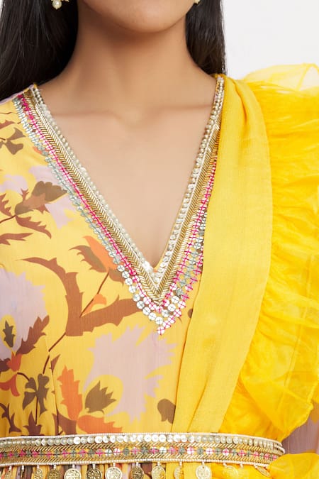 Neha Khullar_Yellow Chiffon V Neck Printed Anarkali With Dupatta _at_Aza_Fashions