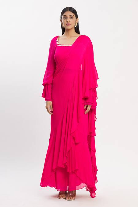 Neha Khullar Pink Chiffon Square Neck Ruffle Saree With Embroidered Blouse Online at Aza Fashions Neha Khullar_Pink Chiffon Square Neck Ruffle Saree With Embroidered Blouse _Online_at_Aza_Fashions