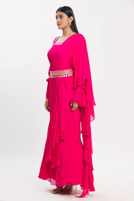 Shop Neha Khullar Pink Chiffon Square Neck Ruffle Saree With Embroidered Blouse Online at Aza Fashions Shop_Neha Khullar_Pink Chiffon Square Neck Ruffle Saree With Embroidered Blouse _Online_at_Aza_Fashions
