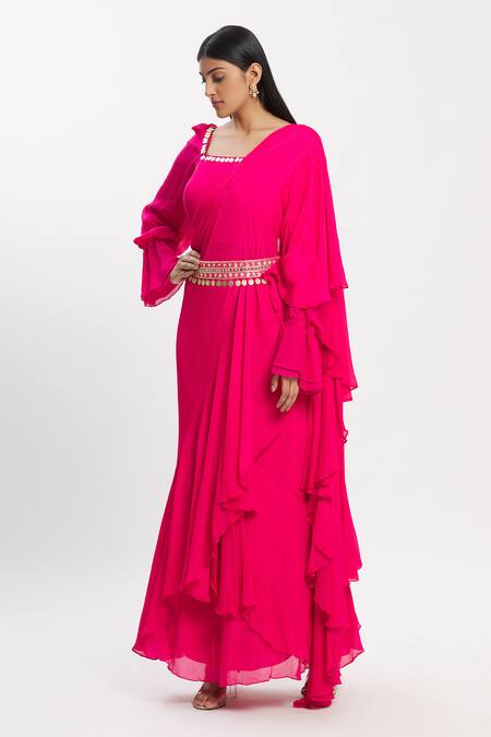 Buy Neha Khullar Pink Chiffon Square Neck Ruffle Saree With Embroidered Blouse Online at Aza Fashions Buy_Neha Khullar_Pink Chiffon Square Neck Ruffle Saree With Embroidered Blouse _Online_at_Aza_Fashions