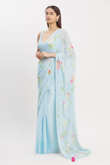 Neha Khullar_Blue Chiffon V Neck Printed Saree With Blouse _Online_at_Aza_Fashions