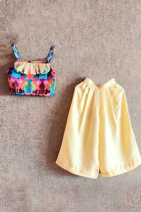 Shop_Little Secrets_Yellow Satin Printed Palazzo Set _at_Aza_Fashions