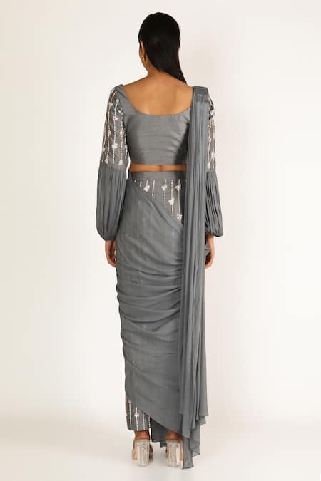 Shop_Masumi Mewawalla_Grey Dupion Draped Pant Saree Set _at_Aza_Fashions