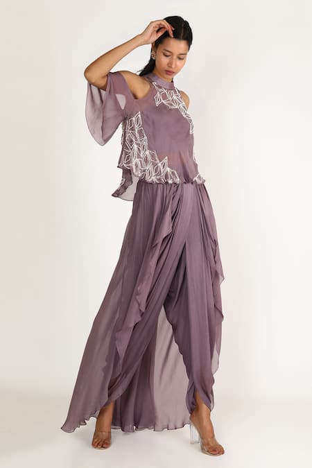 Masumi Mewawalla Purple Dupion Cold Shoulder Cape Top And Dhoti Pant Set 