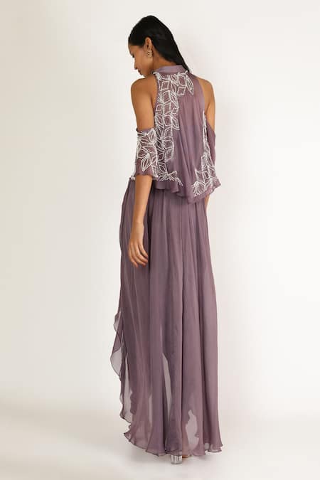 Shop Masumi Mewawalla Purple Shantoon, Dupion, Tabi Silk Cold Shoulder Cape Top And Dhoti Pant Set at Aza Fashions Shop_Masumi Mewawalla_Purple Shantoon, Dupion, Tabi Silk Cold Shoulder Cape Top And Dhoti Pant Set _at_Aza_Fashions