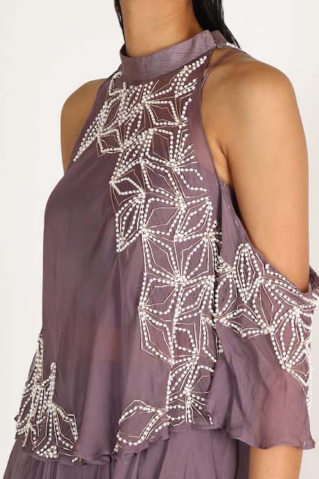 Buy Masumi Mewawalla Purple Shantoon, Dupion, Tabi Silk Cold Shoulder Cape Top And Dhoti Pant Set Online at Aza Fashions Buy_Masumi Mewawalla_Purple Shantoon, Dupion, Tabi Silk Cold Shoulder Cape Top And Dhoti Pant Set _Online_at_Aza_Fashions