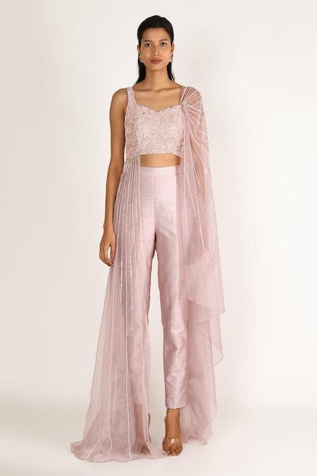 Masumi Mewawalla Pink Organza, Shantoon, Dupion Draped Blouse And Pant Set Online at Aza Fashions Masumi Mewawalla_Pink Organza, Shantoon, Dupion Draped Blouse And Pant Set _Online_at_Aza_Fashions