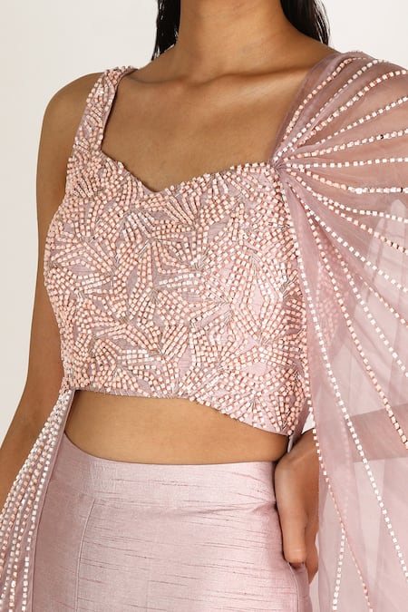 Masumi Mewawalla Pink Organza, Shantoon, Dupion Draped Blouse And Pant Set at Aza Fashions Masumi Mewawalla_Pink Organza, Shantoon, Dupion Draped Blouse And Pant Set _at_Aza_Fashions