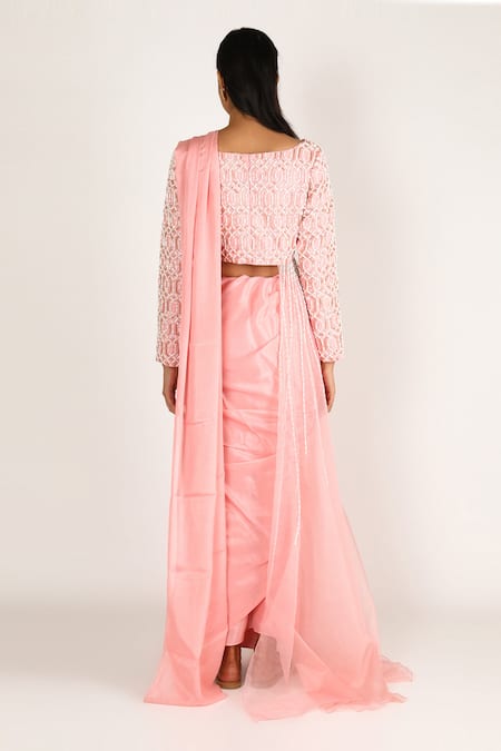 Shop Masumi Mewawalla Pink Organza, Crepe, Shantoon Saree With Embellished Draped Blouse at Aza Fashions Shop_Masumi Mewawalla_Pink Organza, Crepe, Shantoon Saree With Embellished Draped Blouse _at_Aza_Fashions