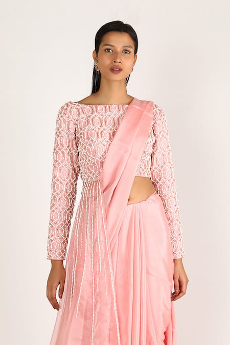 Masumi Mewawalla Pink Organza, Crepe, Shantoon Saree With Embellished Draped Blouse Online at Aza Fashions Masumi Mewawalla_Pink Organza, Crepe, Shantoon Saree With Embellished Draped Blouse _Online_at_Aza_Fashions