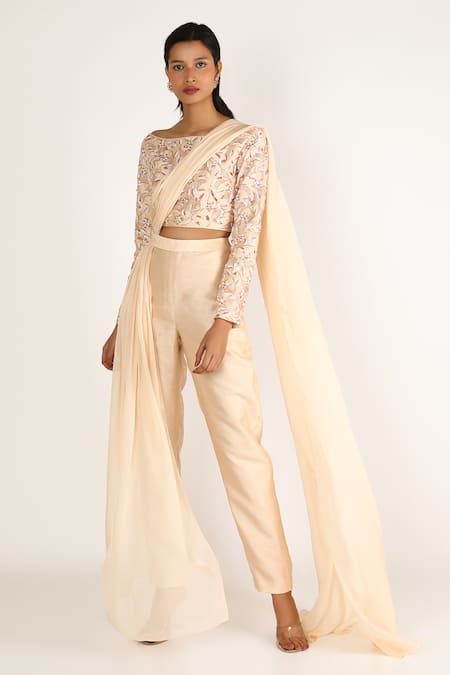 Masumi Mewawalla Beige Dupion Draped Pant Saree Set 