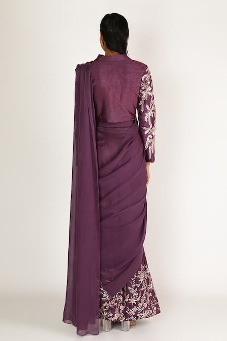 Shop_Masumi Mewawalla_Purple Dupion Pre-draped Saree Set  _at_Aza_Fashions
