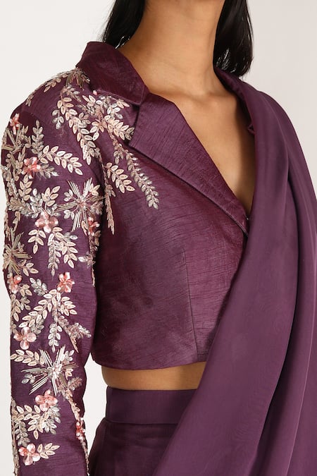 Masumi Mewawalla_Purple Dupion Pre-draped Saree Set  _Online_at_Aza_Fashions