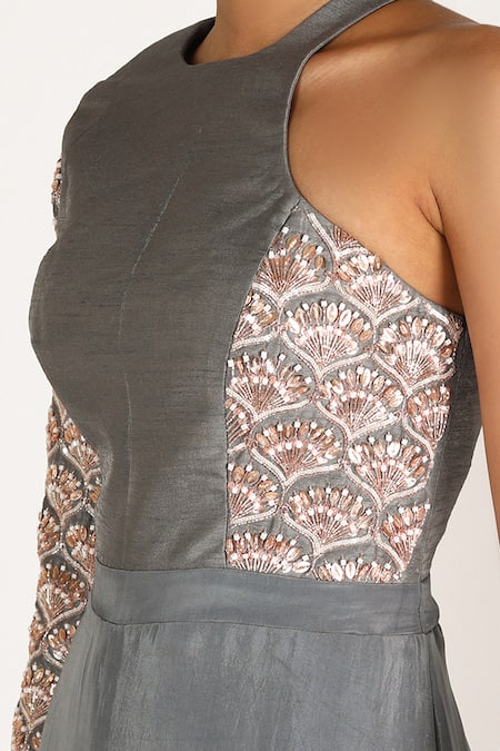 Masumi Mewawalla_Grey Dupion One Shoulder Jumpsuit  _Online_at_Aza_Fashions